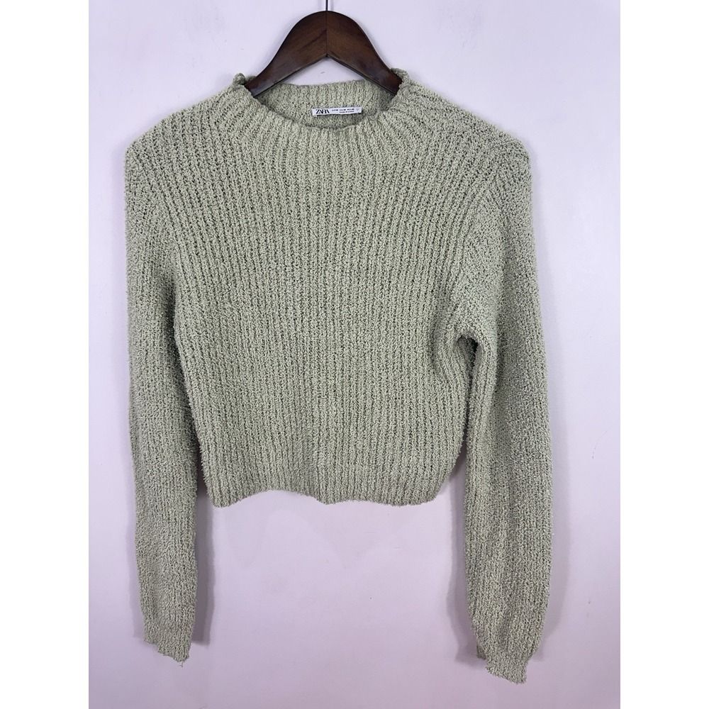 Zara Popcorn Knit Sweater Women Medium Sage Green Cropped‎ Crew Neck Boucle Top